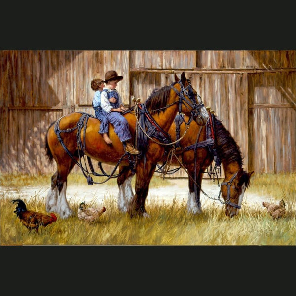 Back to the Barn digital Panel Cotton quilt fabric horse scene