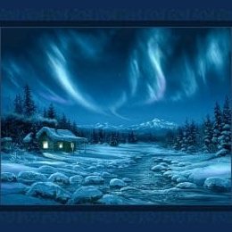 Night Lights Digital Panel cotton quilt fabric Christmas 36" X 45 " Outdoors cabin winter scene night