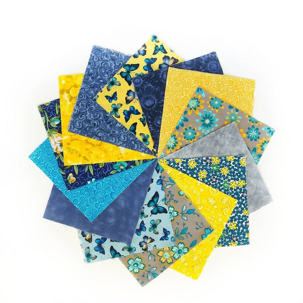 Summer Songs pre cut 10" squares 100% cotton fabric quilt Blues yellow butterfly floral fabric