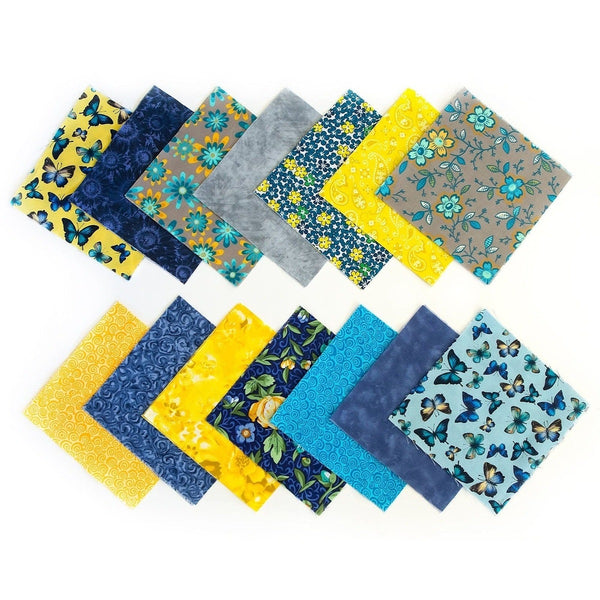 Summer Songs pre cut charm pack 5" squares 100% cotton fabric quilt Blues yellow butterfly floral fabric