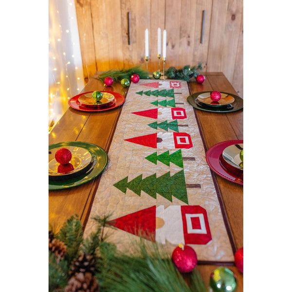 Festive Gnomes & Trees Quilted Table Runner Kit - Pre-Cut, Complete with Fabric, Pattern, & Backing - 16x62 inches