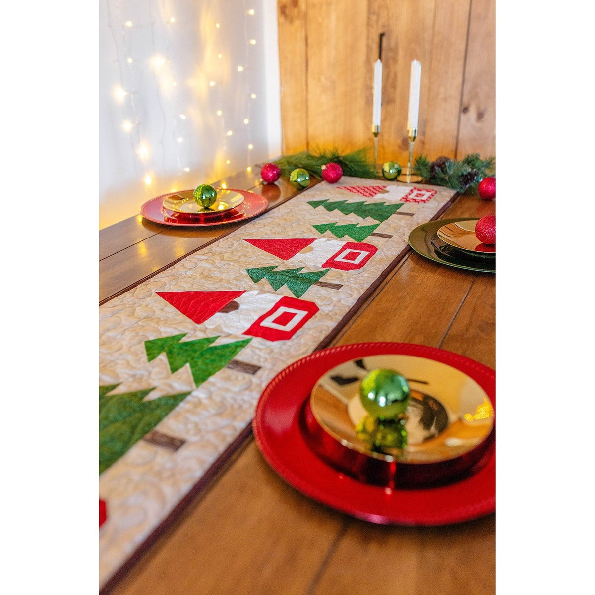 Festive Gnomes & Trees Quilted Table Runner Kit - Pre-Cut, Complete with Fabric, Pattern, & Backing - 16x62 inches